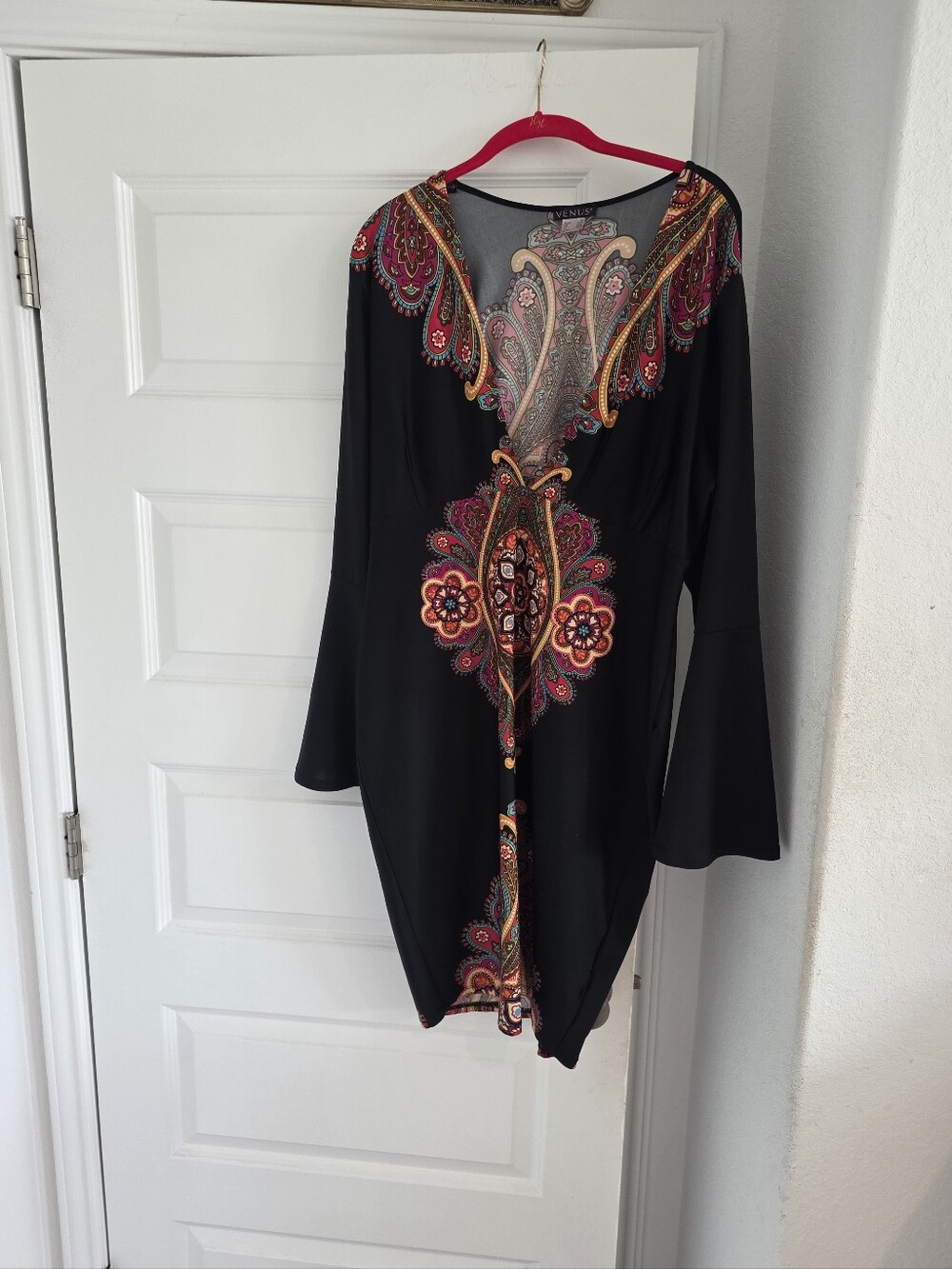 Black Long-Sleeve Dress with Colorful Paisley Panel